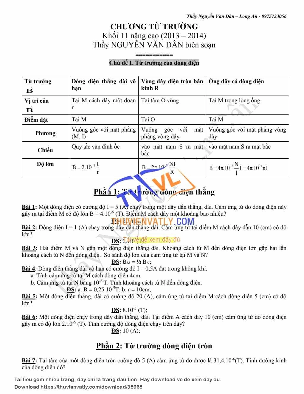 90 bài tập tự luận có đáp số về từ trường và lực từ lớp 11