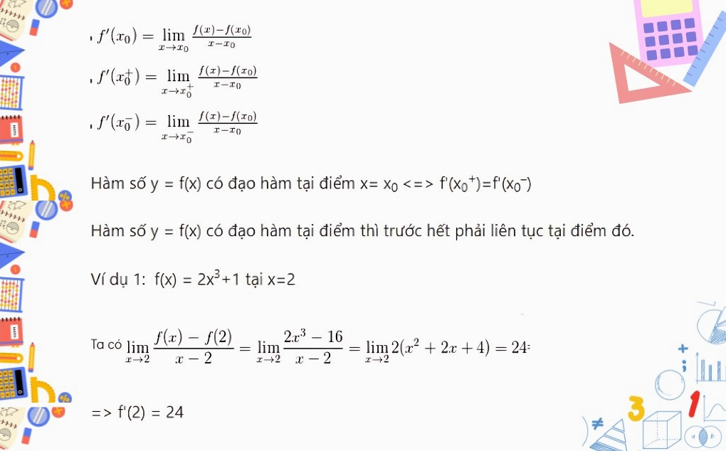 Bài tập tính đạo hàm theo định nghĩa