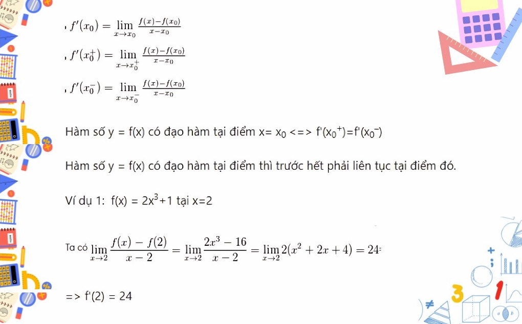 Bài tập tính đạo hàm theo định nghĩa