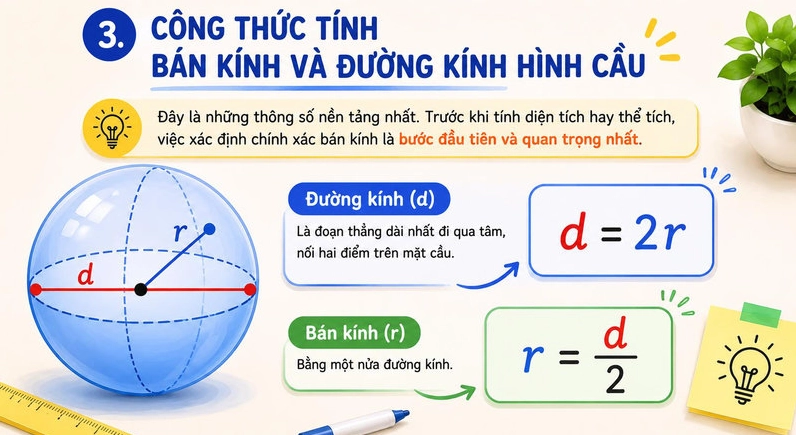 Bán kính là đại lượng quan trọng trong hầu hết các công thức liên quan đến hình cầu