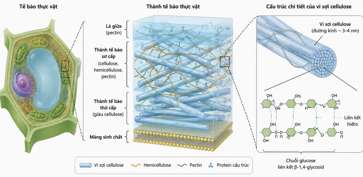 Cấu trúc thành tế bào thực vật với các vi sợi cellulose tạo bộ khung nâng đỡ.