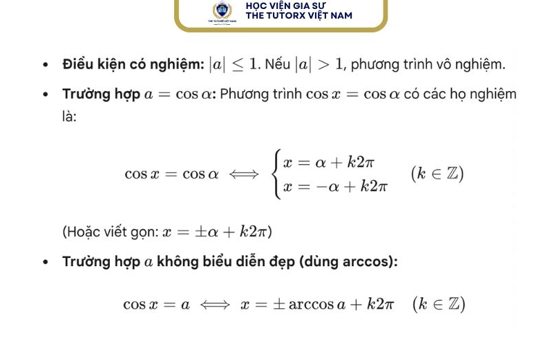 Công thức giải phương trình cosx = a