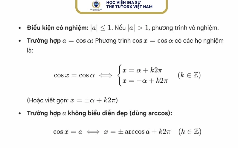 Công thức giải phương trình cosx = a