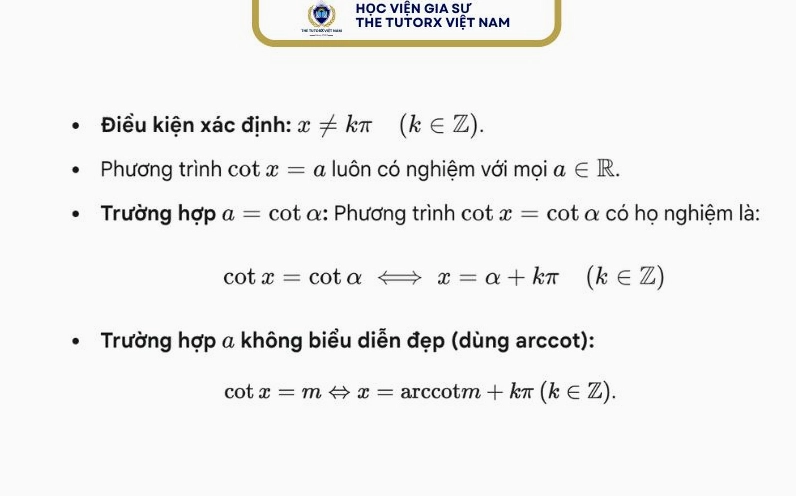 Công thức giải phương trình cotx = a