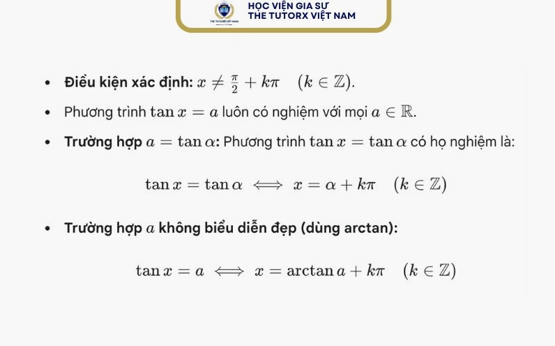 Công thức giải phương trình tanx = a