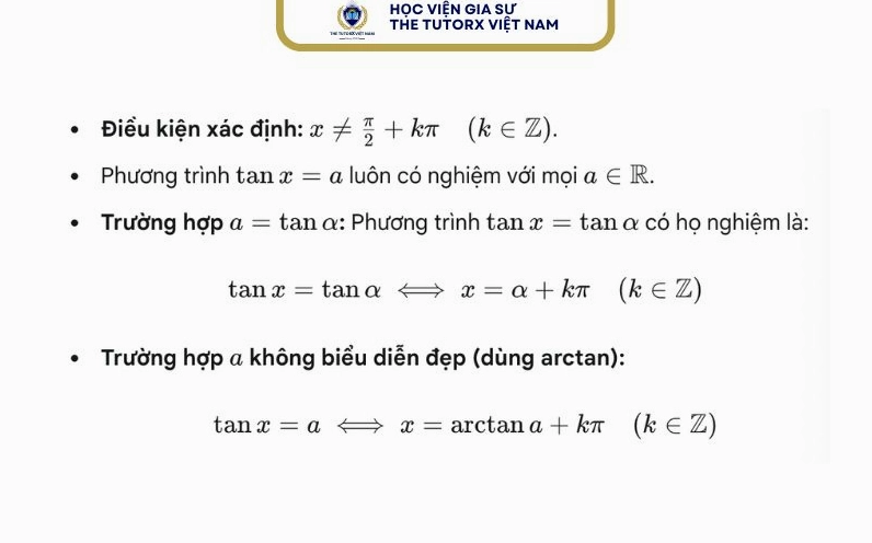 Công thức giải phương trình tanx = a