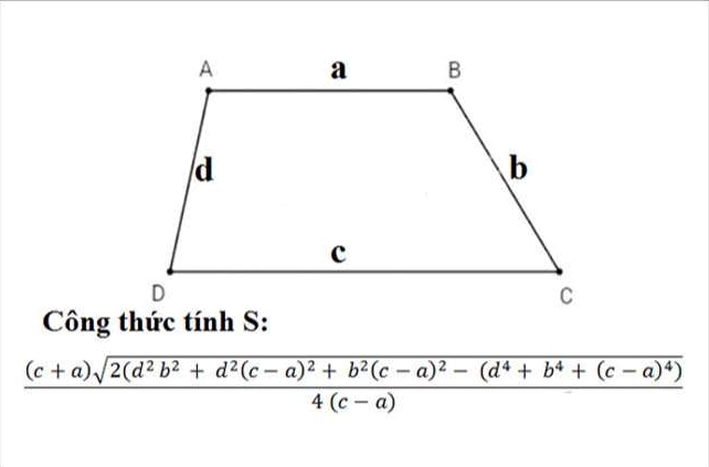 Công thức tính diện tích hình thang khi biết 4 cạnh