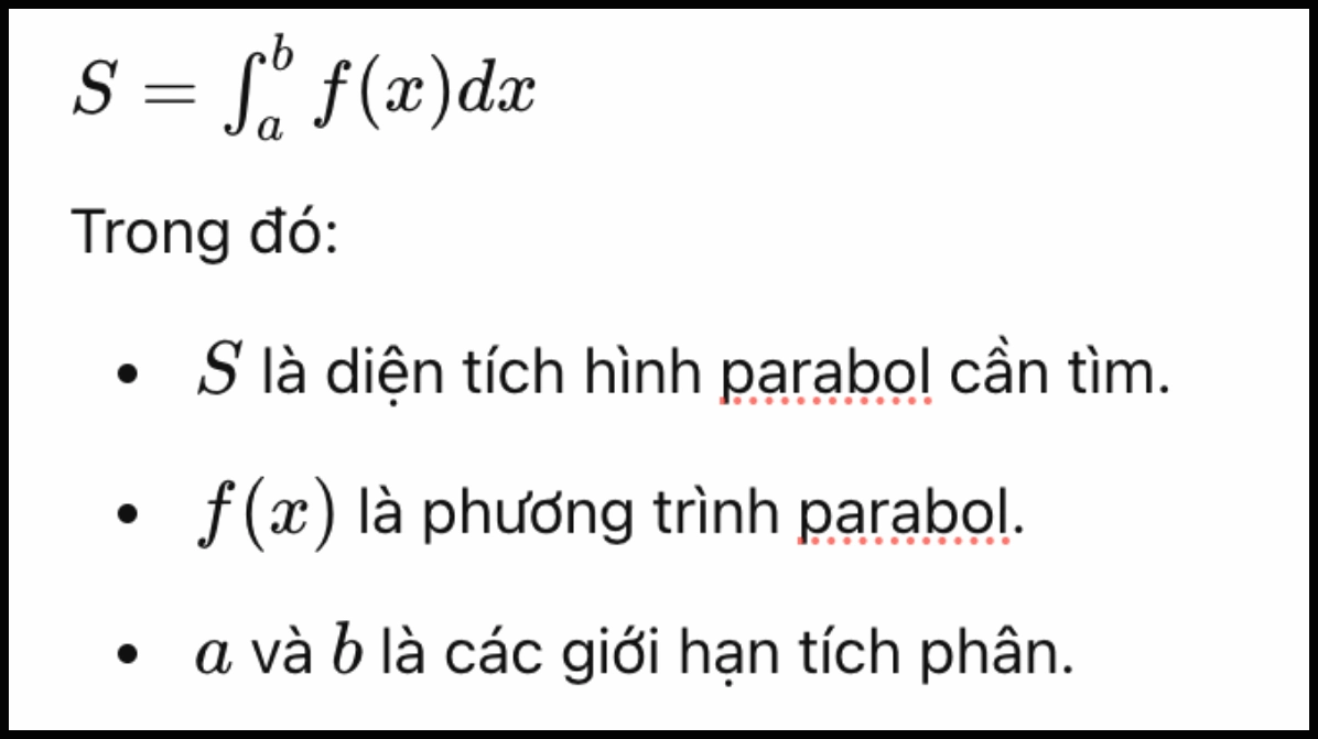 Công thức tính diện tích parabol bằng tích phân