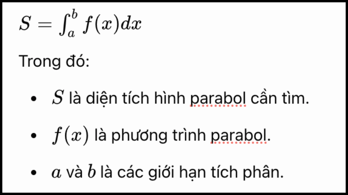 Công thức tính diện tích parabol bằng tích phân