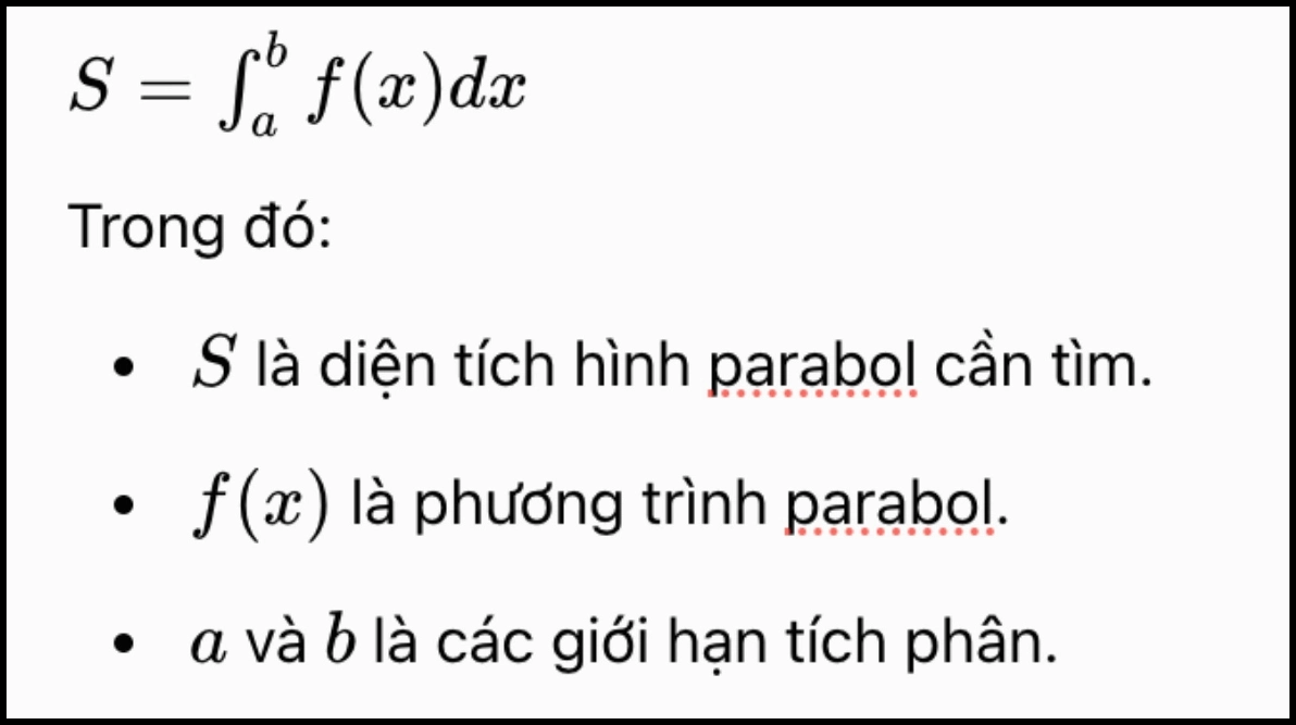 Công thức tính diện tích parabol bằng tích phân