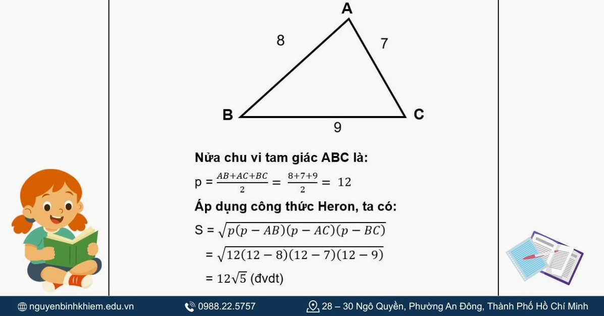 Công thức tính diện tích tam giác vuông bằng Heron