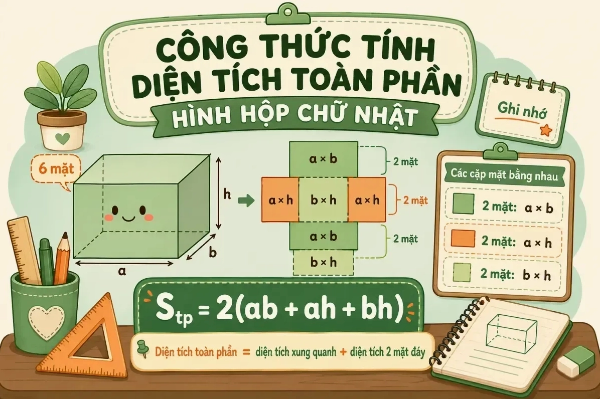 Công thức tính diện tích toàn phần hình hộp chữ nhật