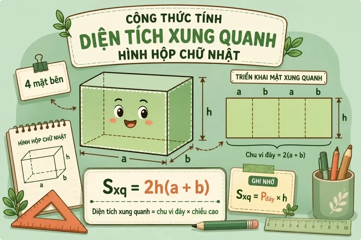 Công thức tính diện tích xung quanh hình hộp chữ nhật