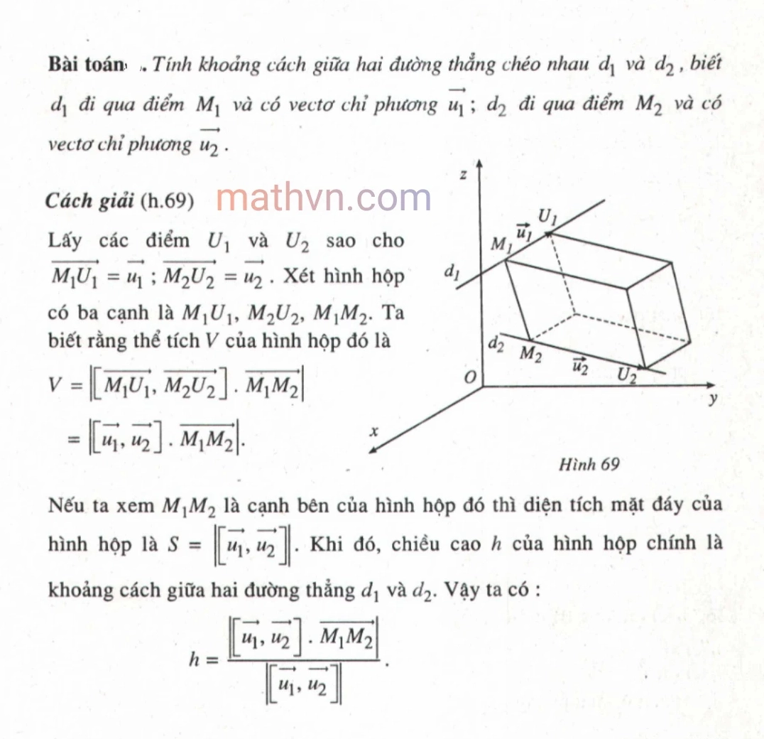 Công thức tính khoảng cách giữa 2 đường thẳng chéo nhau trong không gian Oxyz - Hình 1