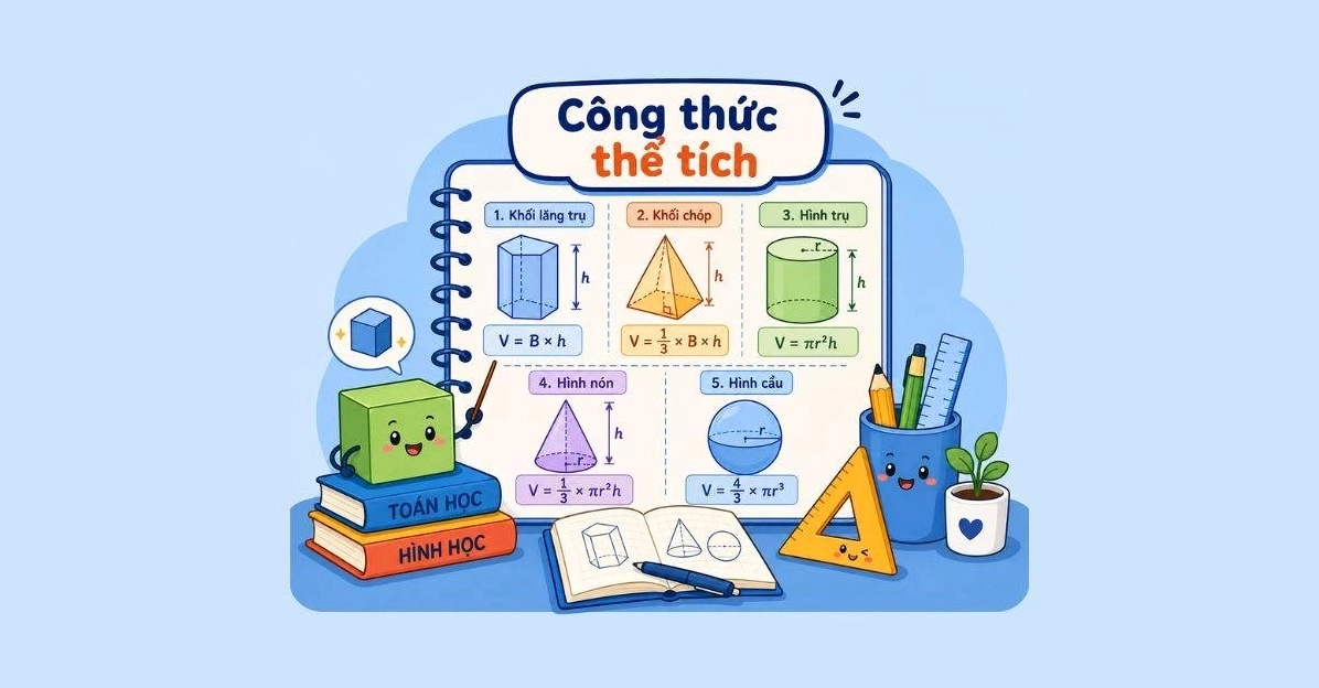 Công thức tính thể tích khối lăng trụ, khối chóp, hình trụ, hình nón, hình cầu