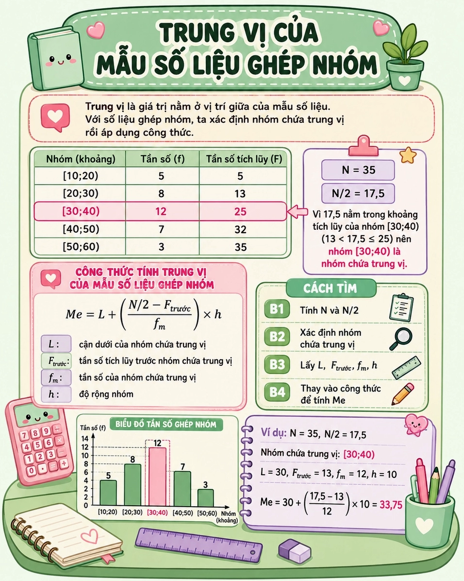 Công thức tính trung vị của mẫu số liệu ghép nhóm