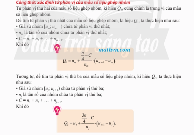 Công thức tính tứ phân vị của mẫu số liệu ghép nhóm Q1, Q2,Q3