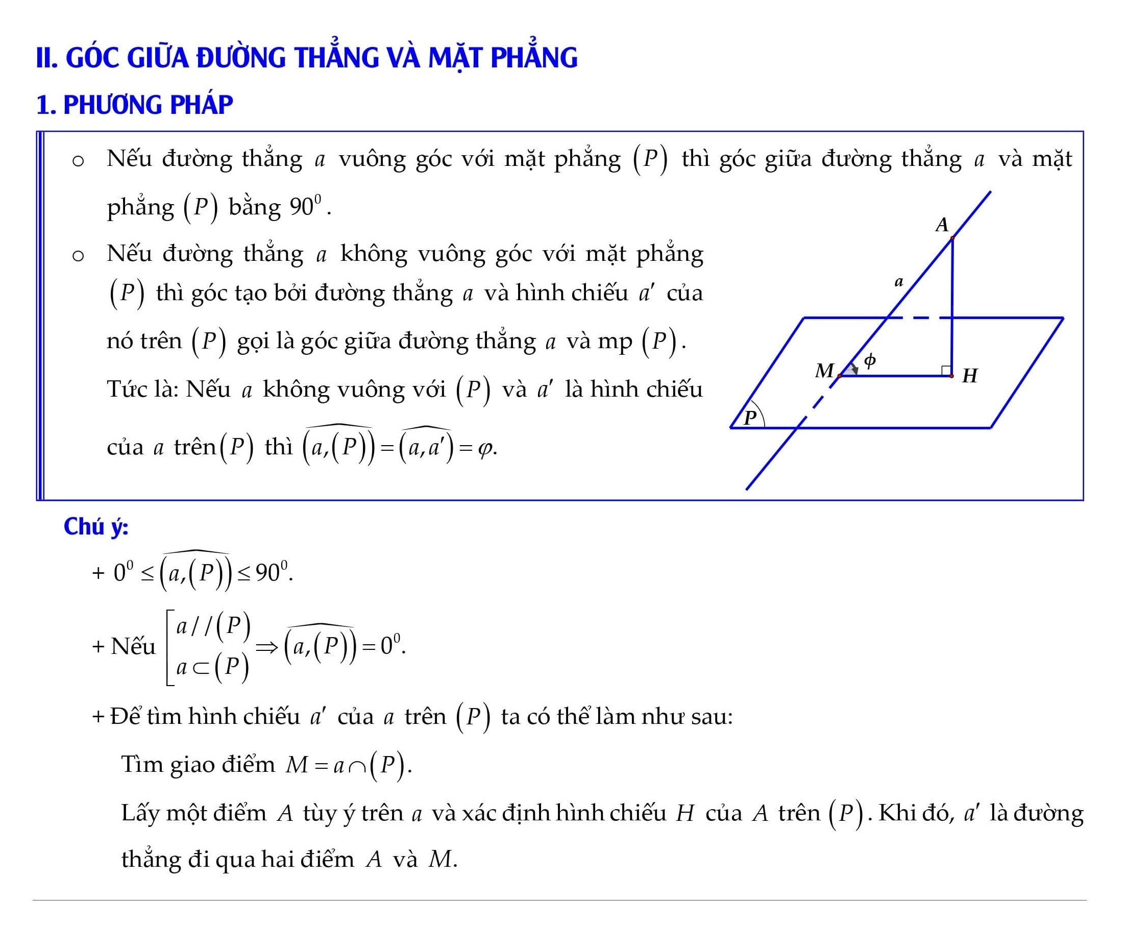 Công thức toán 12 - góc giữa đường thẳng và mặt phẳng