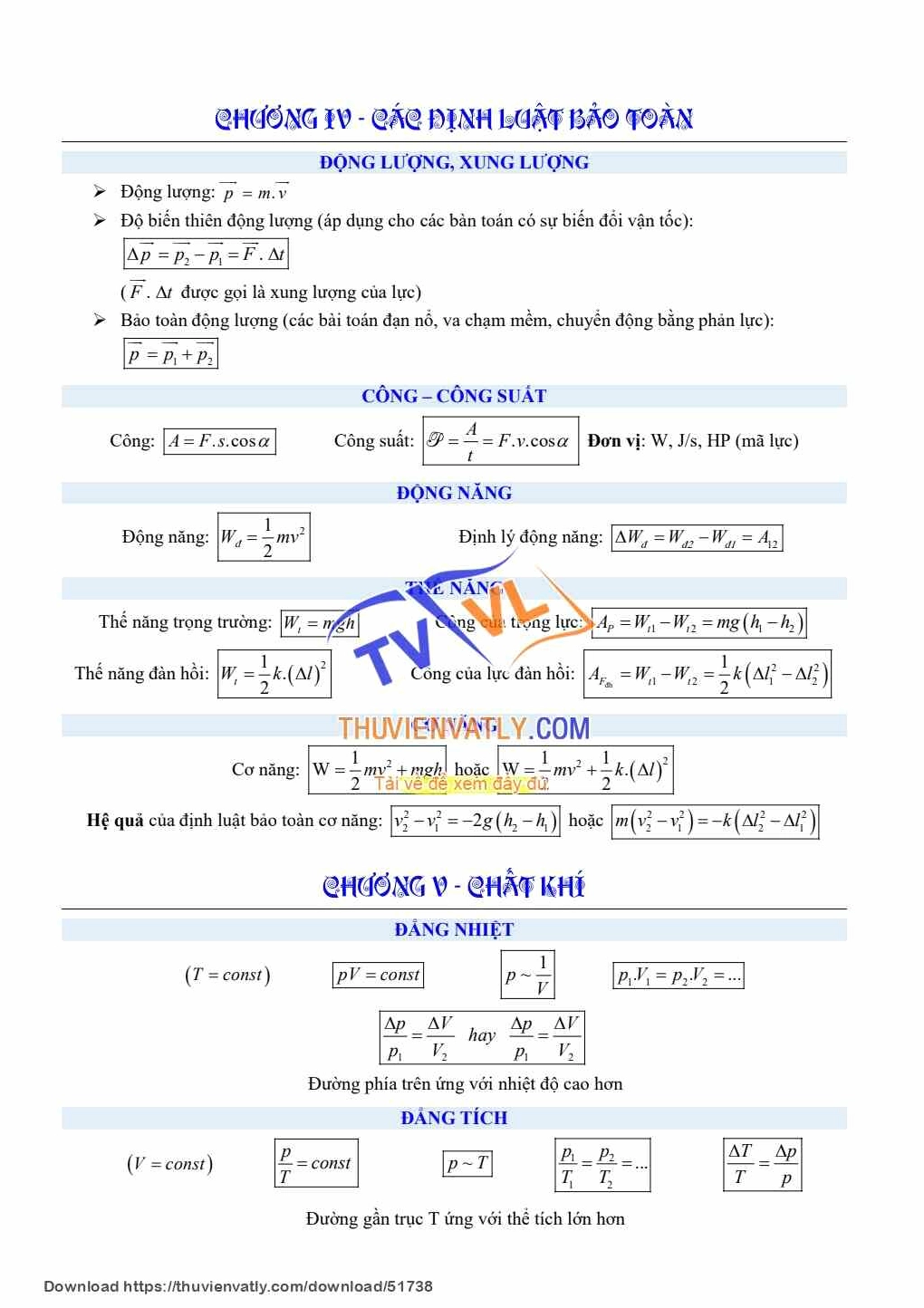 Công thức Vật Lý 10 - Học Kỳ 2
