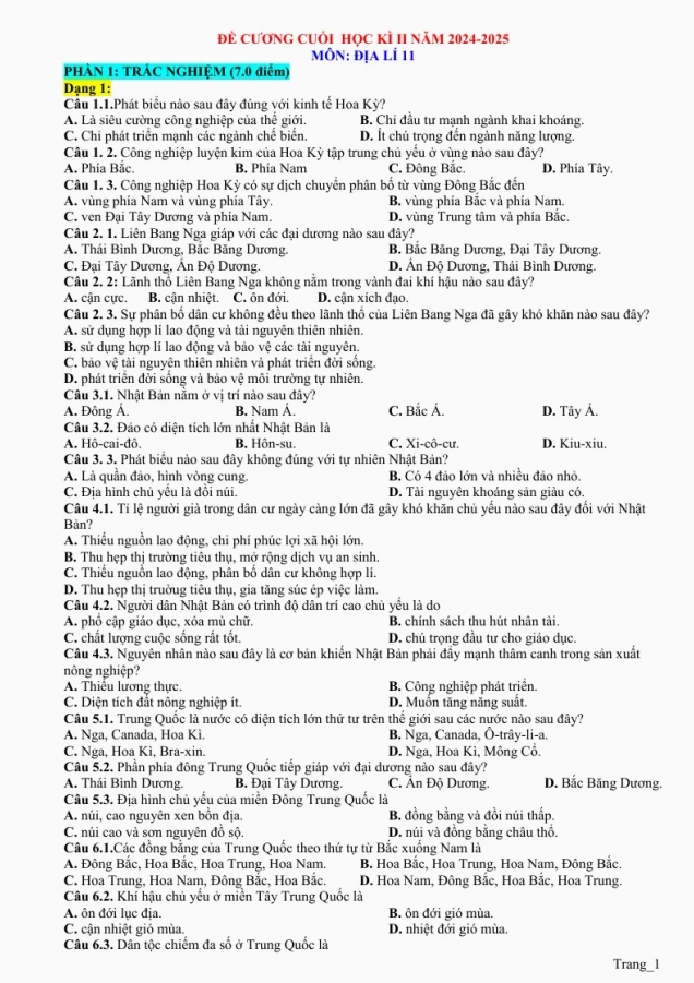 Đề Cương Ôn Tập Học Kỳ 2 Địa 11 2024 - 2025 Theo Câu Hỏi - Thumbnail