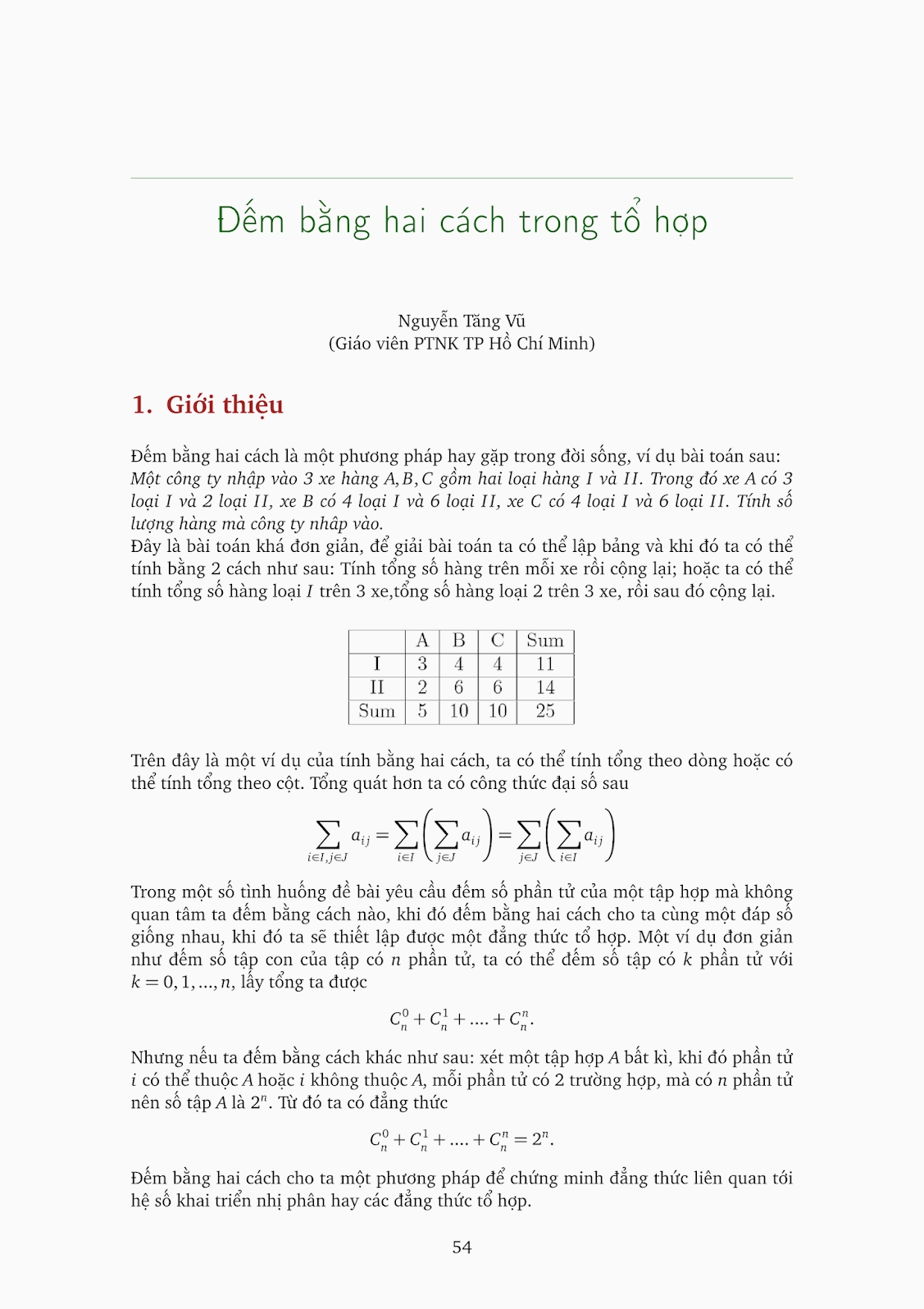 Giải toán Tổ hợp bằng phương pháp 'đếm bằng hai cách' - Nguyễn Tăng Vũ