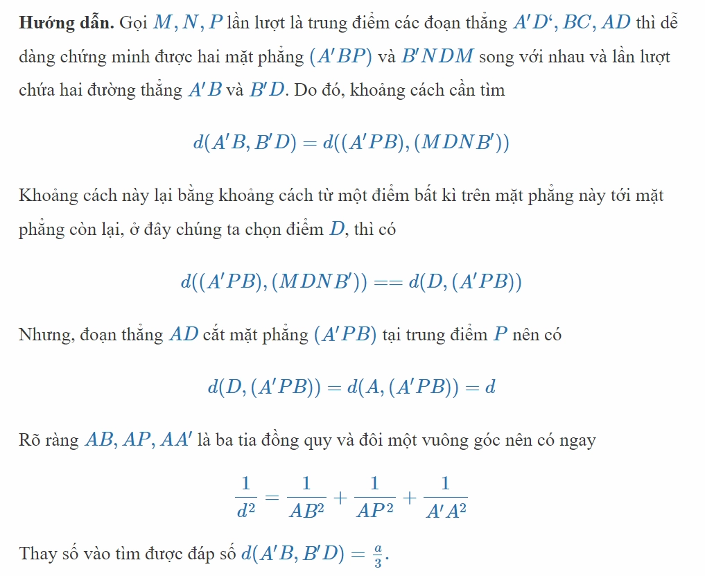 Giải ví dụ 1 tính khoảng cách 2 đường thẳng chéo nhau trong hình lập phương