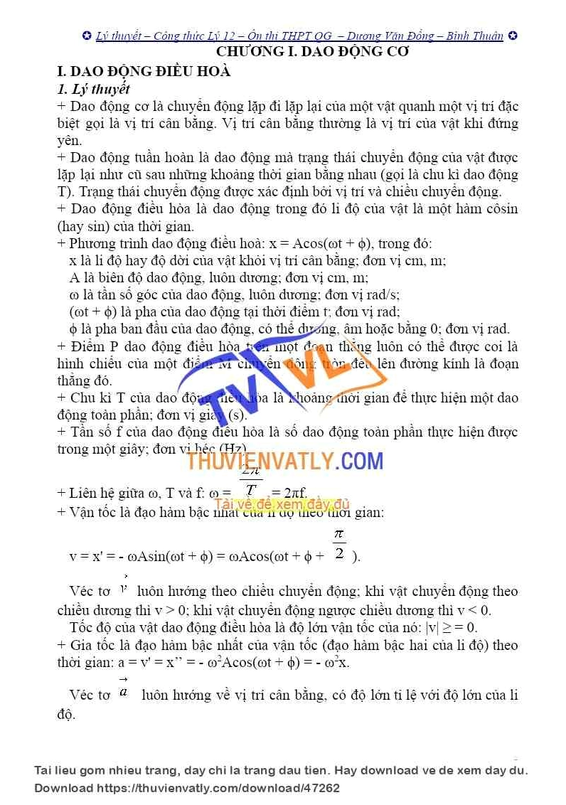 Hệ thống công thức Lý 12CB - Dùng để giải nhanh các câu trắc nghiệm định lượng