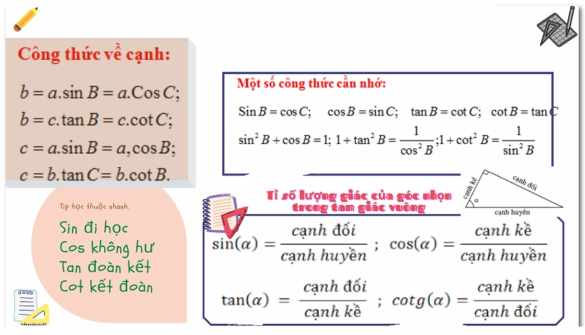 Hệ thức về cạnh và góc trong tam giác vuông, minh họa các công thức
