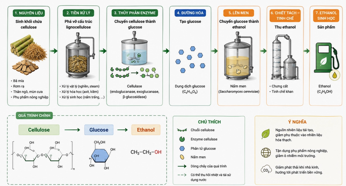 Hình 5.4. Sơ đồ sản xuất ethanol sinh học từ cellulose (Cellulose → Glucose → Ethanol).