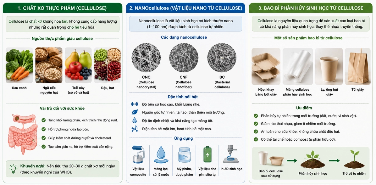 Hình 6.3. Ứng dụng của cellulose trong đời sống hiện đại: chất xơ thực phẩm, nanocellulose và bao bì phân hủy sinh học.