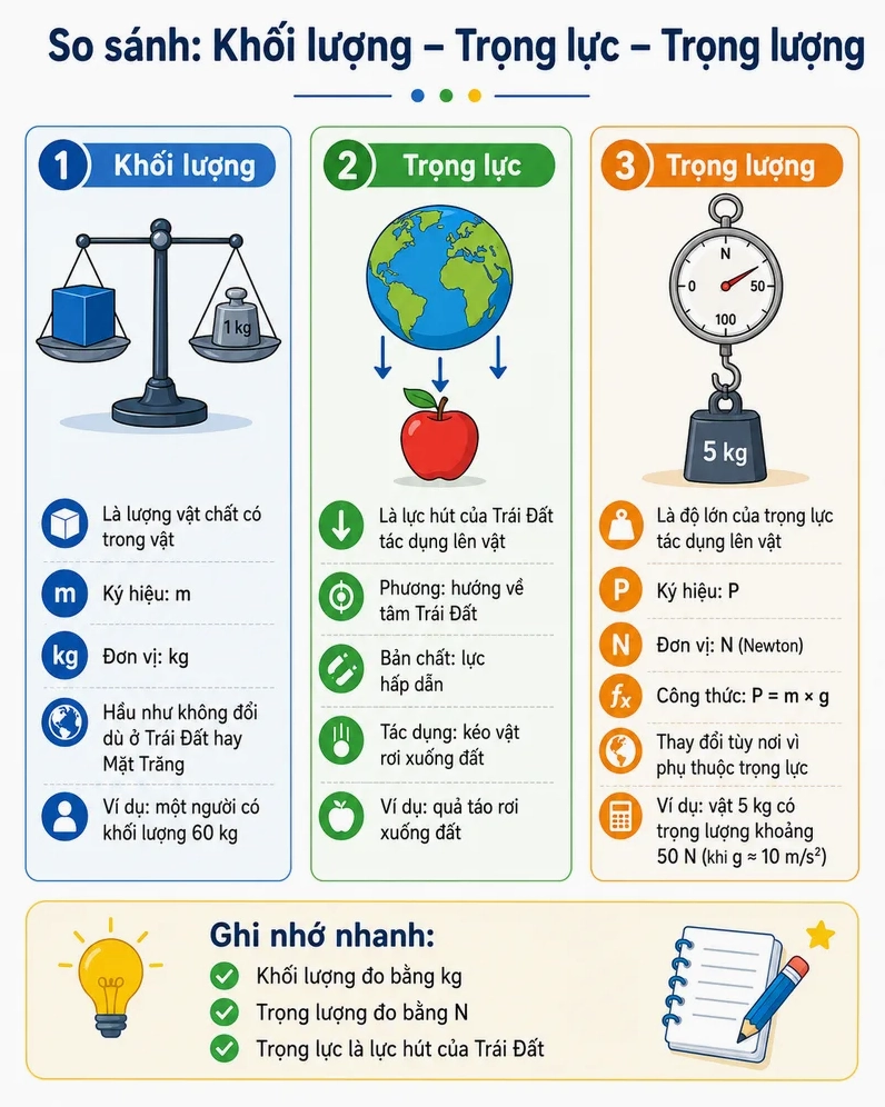Khối lượng, trọng lực và trọng lượng là ba khái niệm liên quan nhưng không giống nhau, cần phân biệt rõ khi học vật lý.