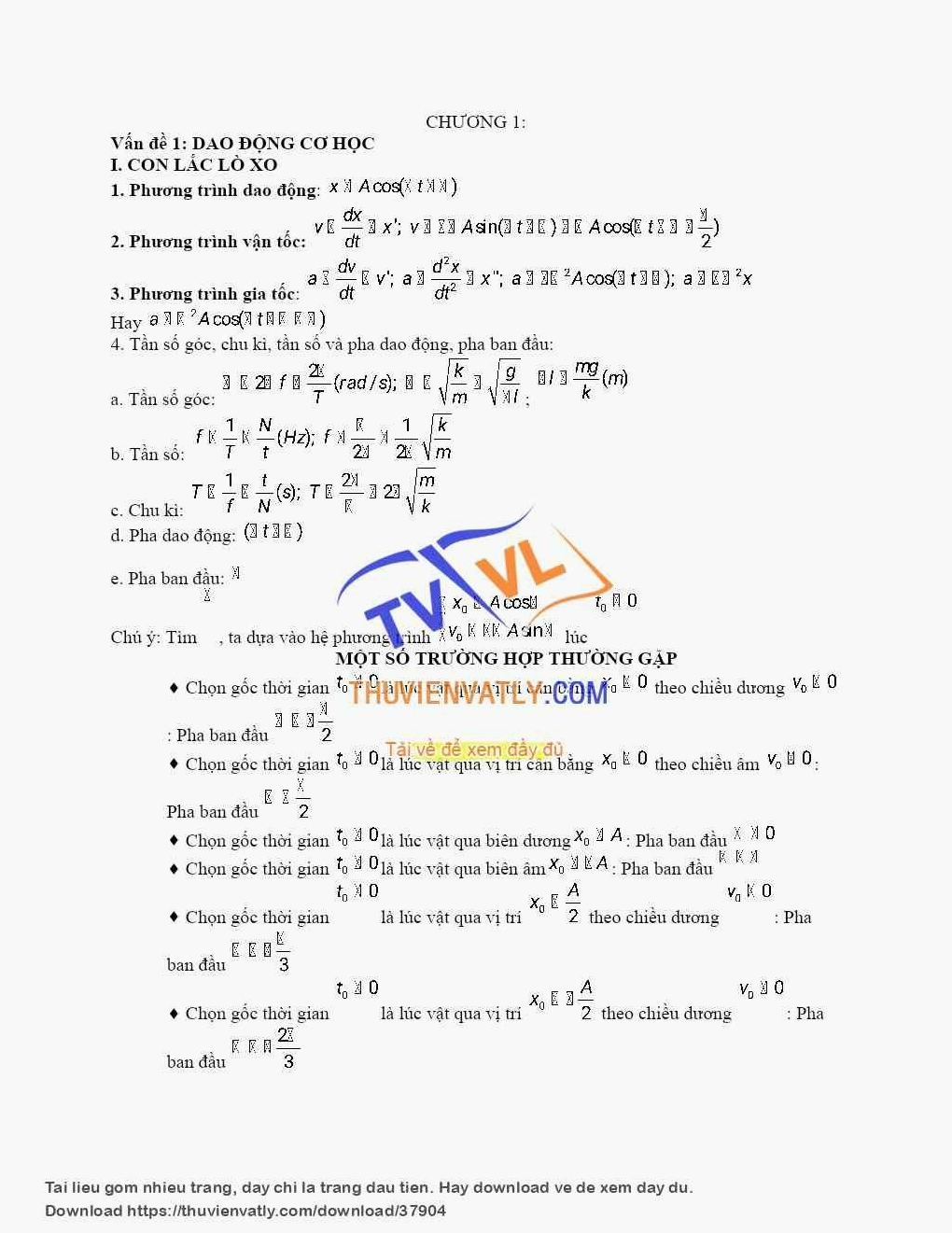 Kiến thức tổng hợp chương 1 - Vật lí 12 CB