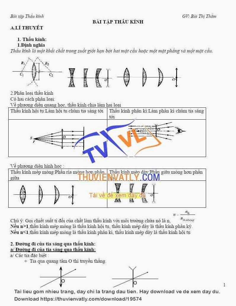 Lí thuyết+Bài tập thấu kính tương đối đủ dạng và đáp án