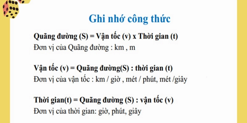 lưu ý công thức tính vận tốc, quãng đường, thời gian