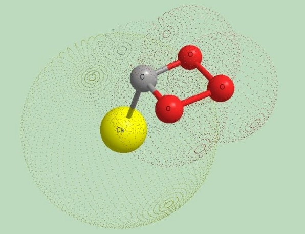 Mô hình phân tử CaCO3 3D và mật độ electron các nguyên tử