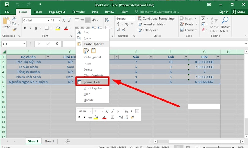 Mở hộp thoại Format Cells