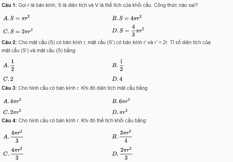 Một số bài tập trắc nghiệm về thể tích khối cầu