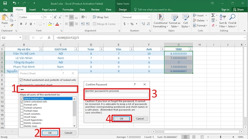 Nhập mật khẩu để khóa công thức trong Excel
