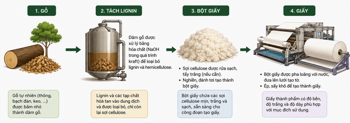 Quy trình sản xuất giấy từ gỗ (Gỗ → Tách lignin → Bột giấy → Giấy).