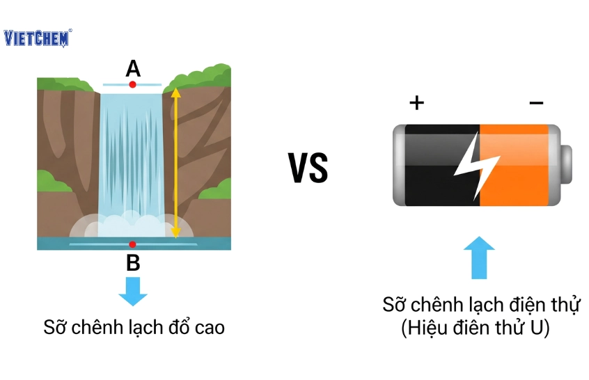 So sánh hiệu điện thế và sự chênh lệch độ cao của dòng nước