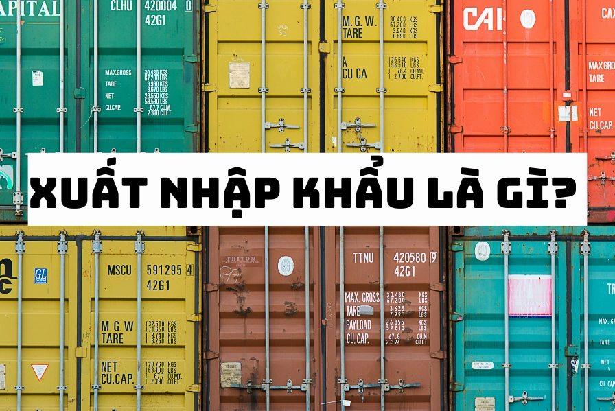 Thùng hàng được xếp ngăn ngắn. Ở giữa là dòng chữ 'xuất nhập khẩu là gì?'