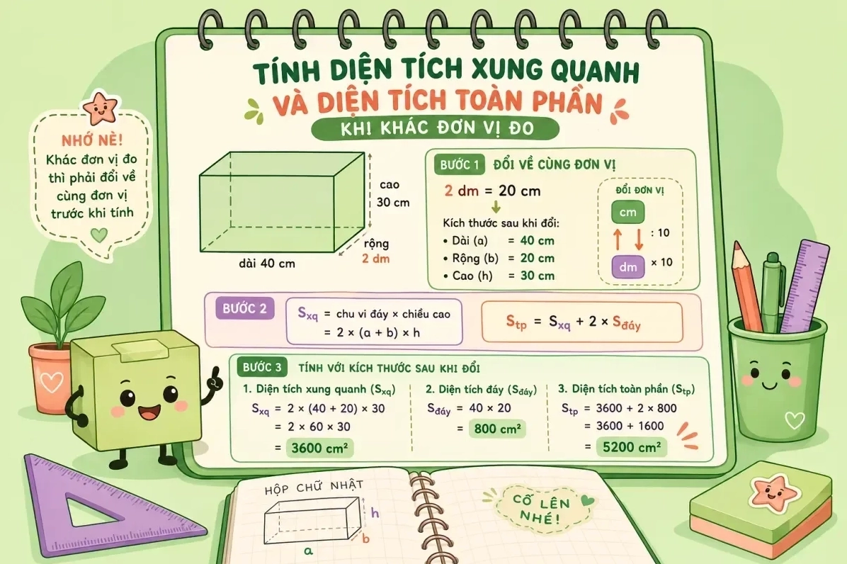 Tính diện tích xung quanh và diện tích toàn phần khi khác đơn vị đo
