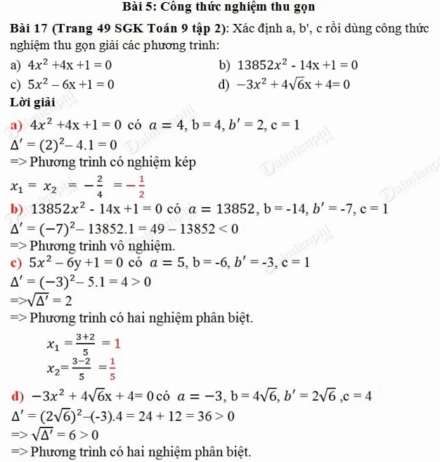 Toán 9 Tập 2: Khám Phá Công Thức Nghiệm Thu Gọn Để Giải Phương Trình Bậc Hai