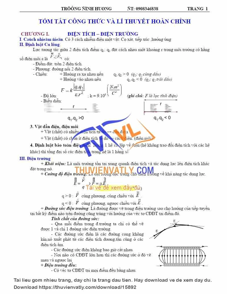 TÓM TẮT CÔNG THỨC VÀ LÍ THUYẾT HOÀN CHỈNH VẬT LÝ 11