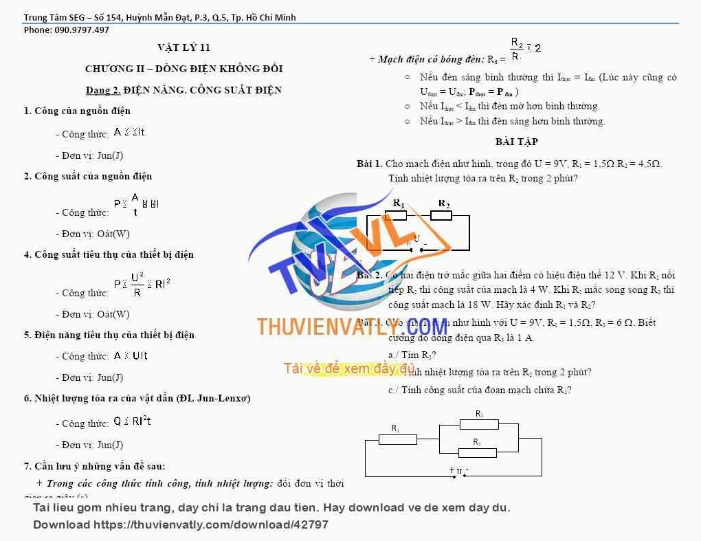 Tóm tắt lý thuyết và bài tập về điện năng, công suất điện Vật lý 11