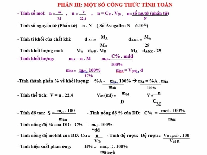 Tổng hợp các công thức tính liên quan đến khối lượng và khối lượng mol