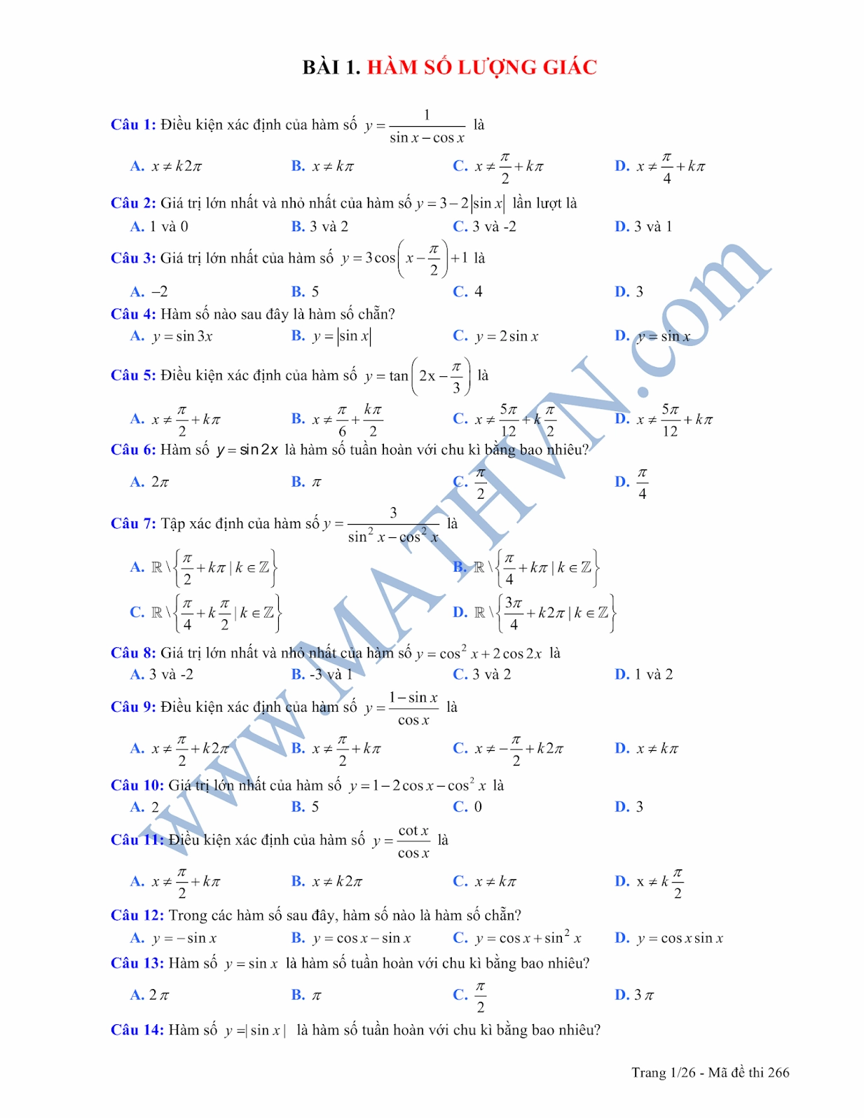 Trắc nghiệm bài hàm số lượng giác chương 1 toán 11