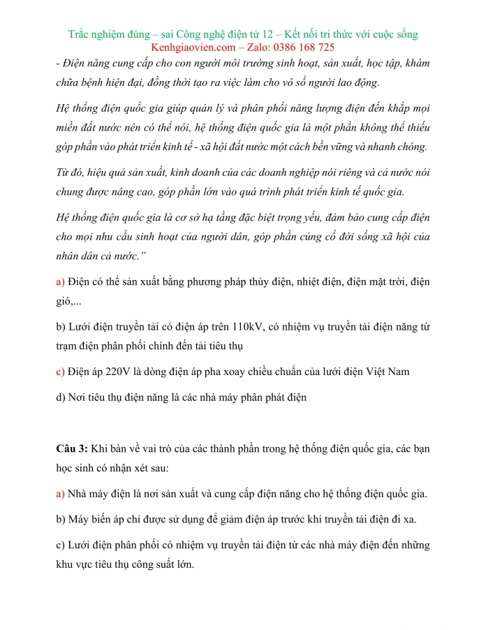 Trắc nghiệm đúng sai Công nghệ 12 Điện - Điện tử Kết nối tri thức về an toàn điện