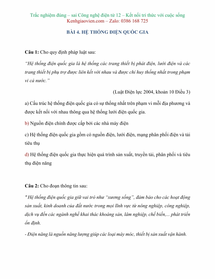 Trắc nghiệm đúng sai Công nghệ 12 Điện - Điện tử Kết nối tri thức về hệ thống điện quốc gia