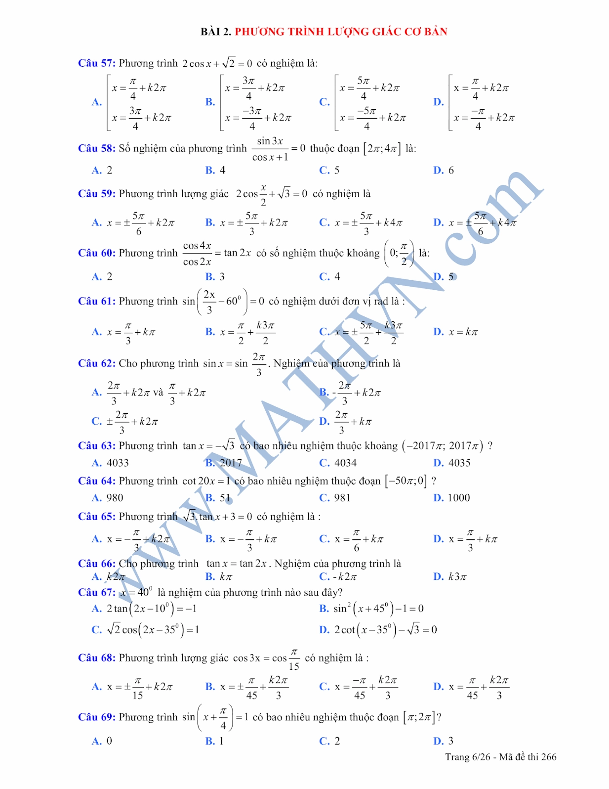 Trắc Nghiệm Phương Trình Lượng Giác Cơ Bản Có Đáp Án Lớp 11